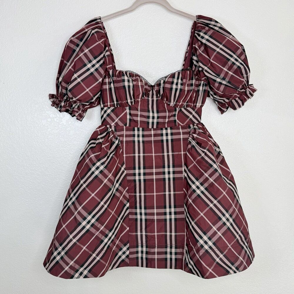 Maeve Anthropologie Puff Mini Dress Burgundy Plaid SMALL Sweetheart Puff Sleeve